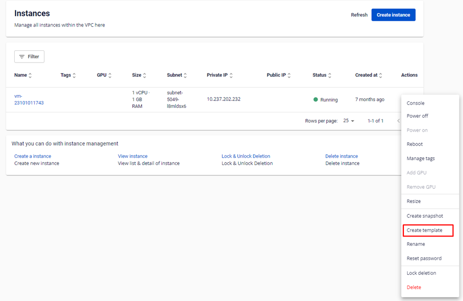 Menu Actions với tùy chọn Create Template
