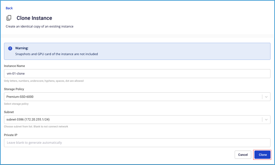Hộp thoại Clone instance