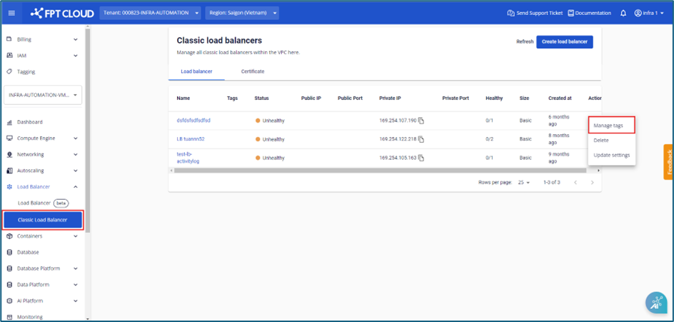Menu Actions với tùy chọn Manage tags cho Load Balancer