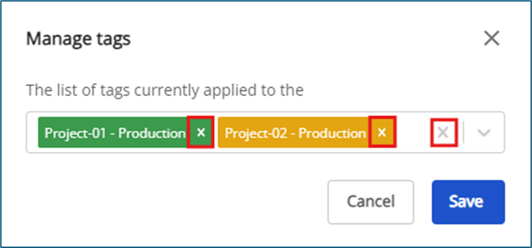 Hộp thoại Manage tags với tùy chọn gỡ tag