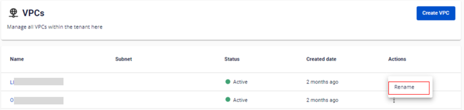 Menu Actions với tùy chọn Rename VPC