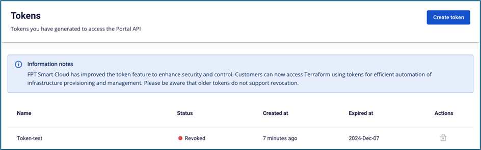 Danh sách token hiển thị trạng thái Revoked sau khi thu hồi