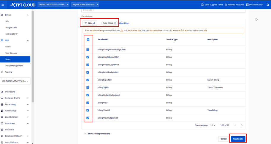 Chọn permission billing