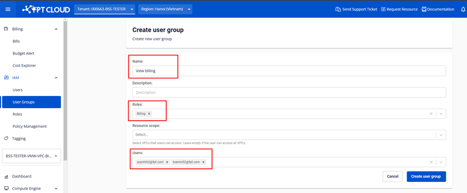 Tạo user group với role billing