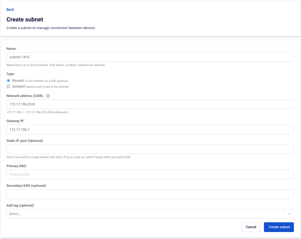 Hộp thoại Create subnet