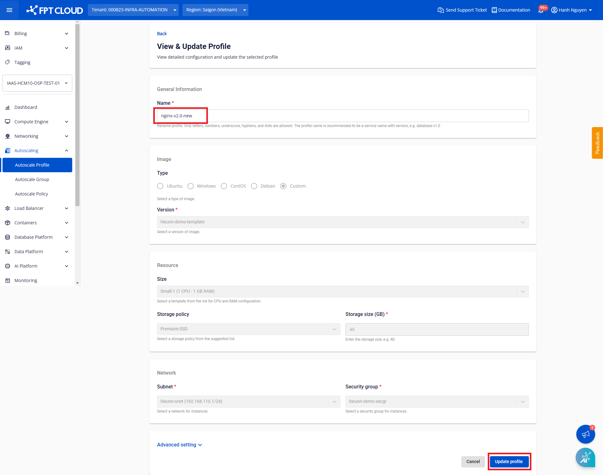 Form đổi tên Profile