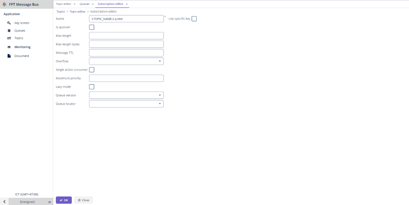 Form tạo subscription với các trường Name, Max length, Message TTL, Overflow
